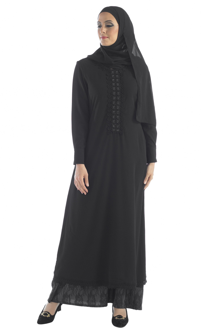 Double Layered Lace Abaya Black Shop at Discount Price - Islamic Clothing
