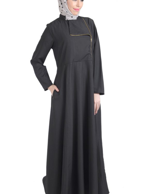 Black Flap Zipper Front Abaya