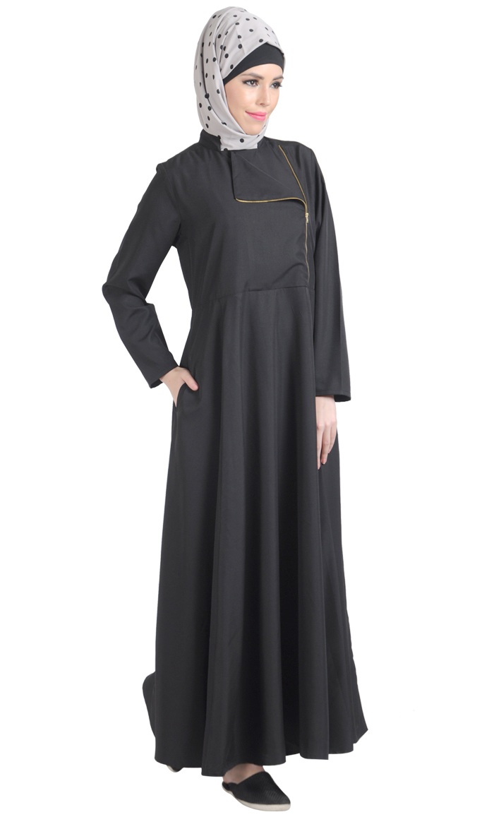 Black Flap Zipper Front Abaya Shop at Discount Price - Islamic Clothing