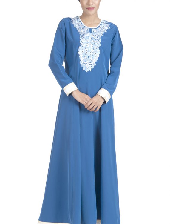 Embroidered Light Blue And White Abaya Dress