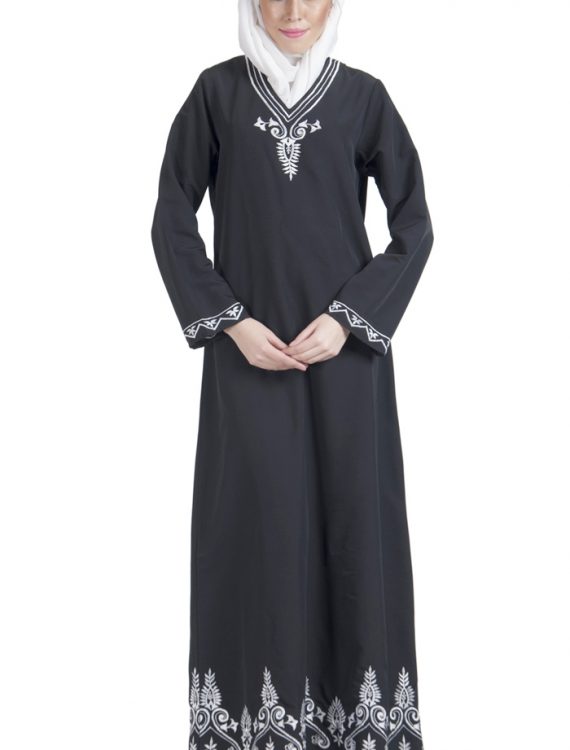 Basic Black With White Embroidery Abaya Dress Black
