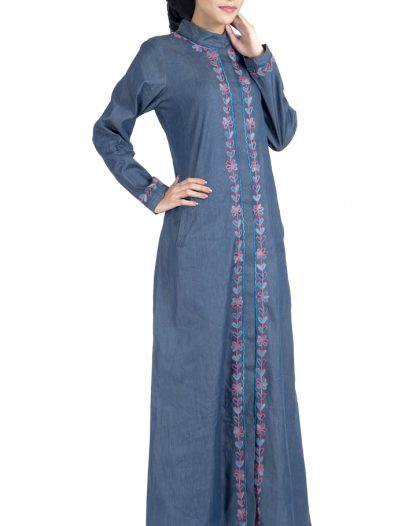 Front Open Denim Embroidered Abaya Dress Blue