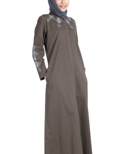 100% Cotton Twill Zipper Abaya Dress Brown