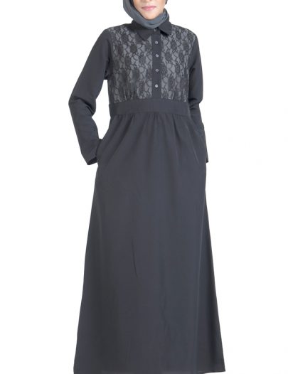 Lace Work Front Open Crepe Black Abaya Dress Black