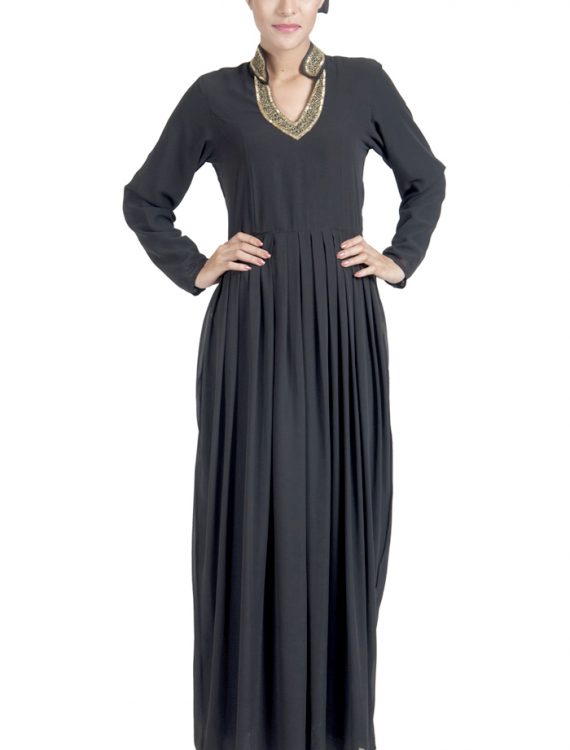 Double Layer Pleated Black Georgette Abaya Evening Dress Black