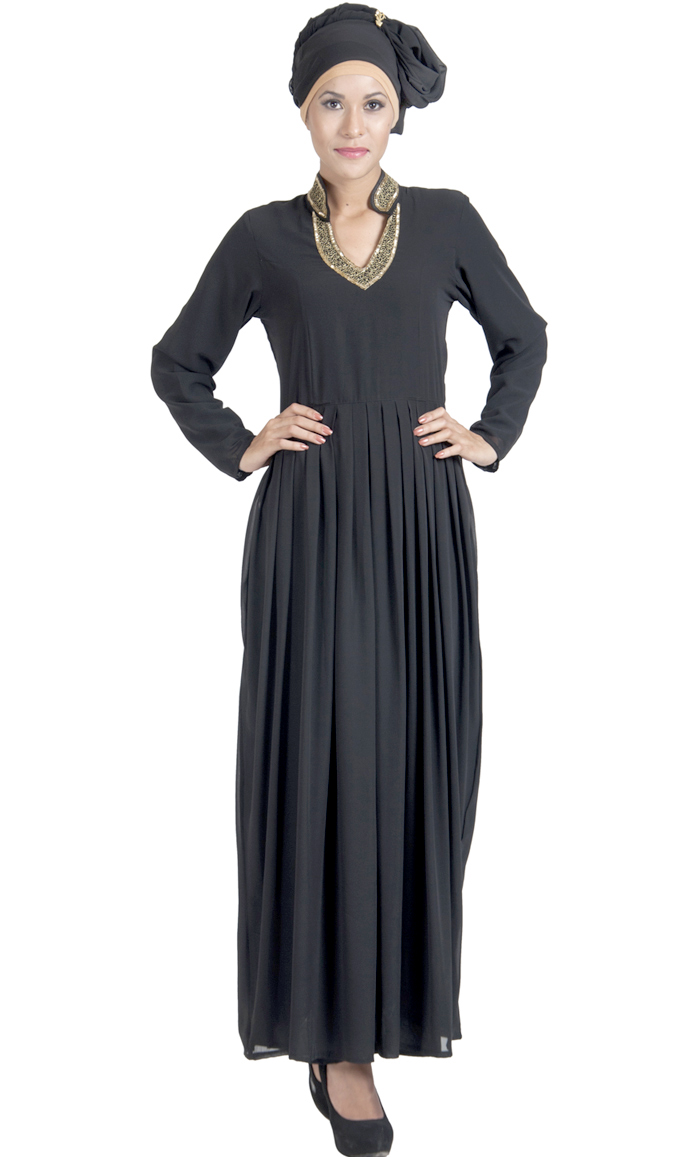 Double Layer Pleated Black Georgette Abaya Evening Dress Black Shop at ...
