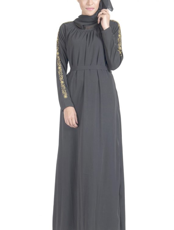 Double Layered Crepe Abaya Dress With Embroidered Sleeve Detail Black