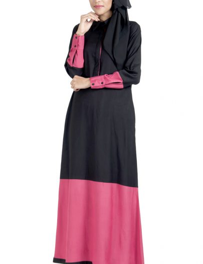 Rayon Color Block Black And Pink Abaya Dress