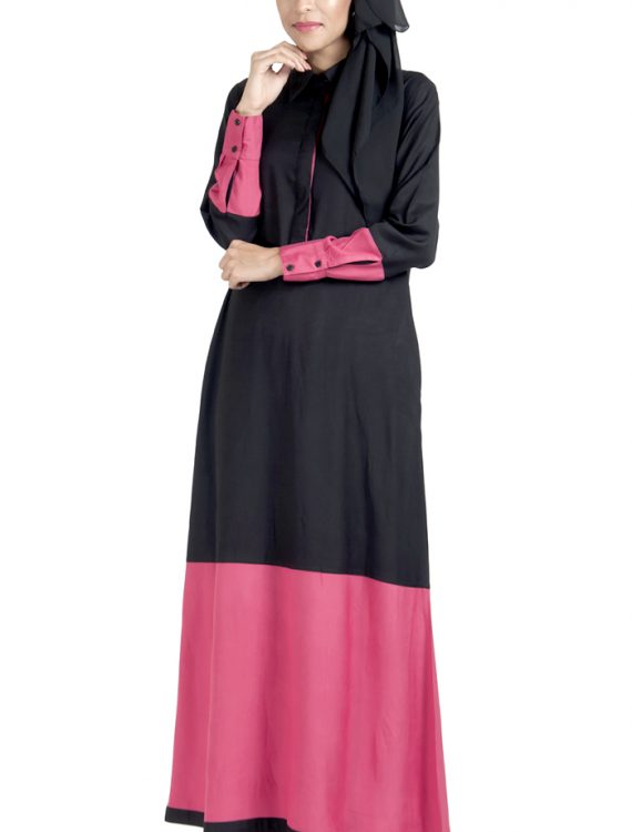 Rayon Color Block Black And Pink Abaya Dress