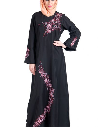Black Kashibo With Pink And Red Embroidery Abaya Dress