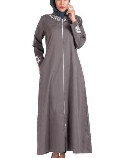 Grey Cotton Twill Full Zipper Front Open Abaya Dress