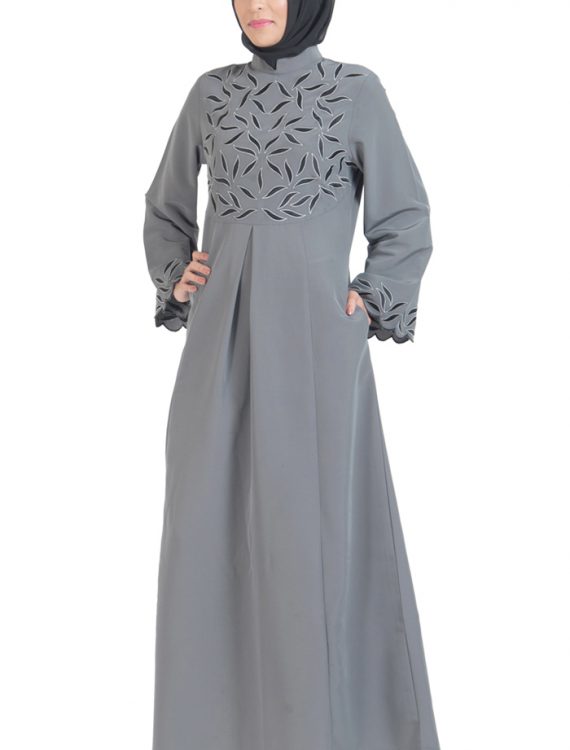 Unique Embroidered Abaya Dress Dark Grey