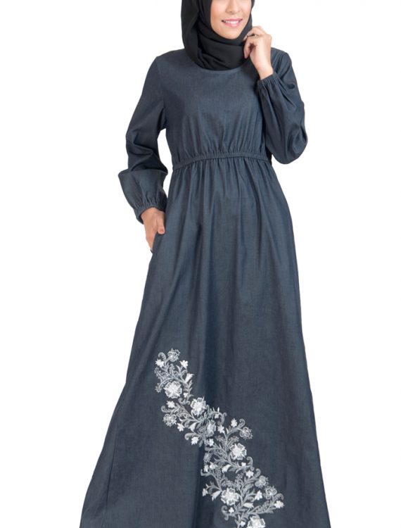 Denim Embroidered Stretch Waist Abaya Dress Black