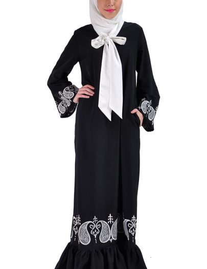 Ruffle Embroidered Bow Abaya Dress Black