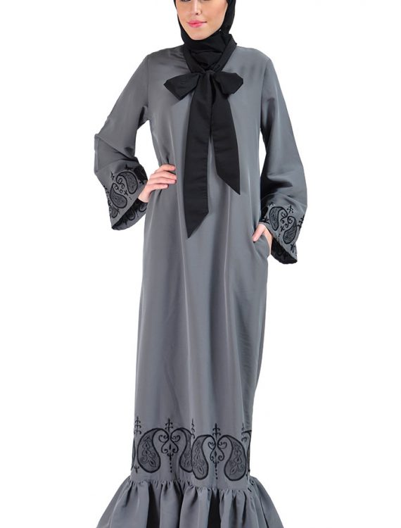 Ruffle Embroidered Bow Abaya Dress Grey