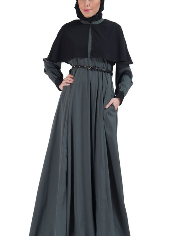 Two-Tone Belted Cape Abaya Grey
