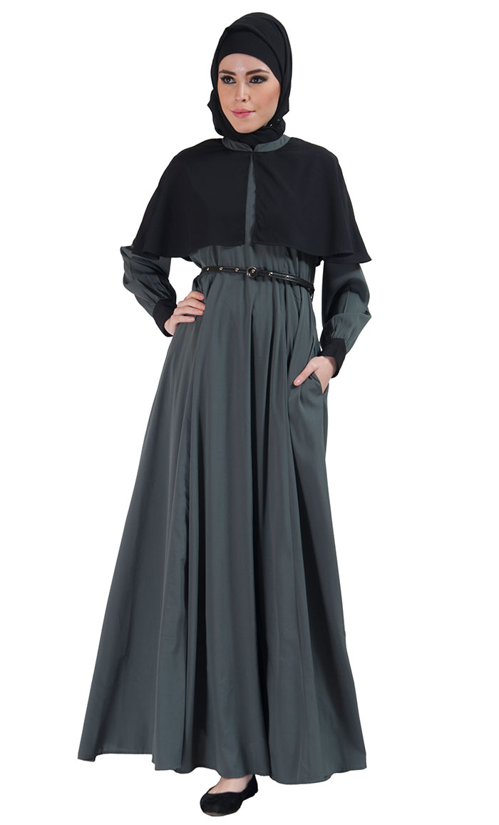 Two-Tone Belted Cape Abaya Grey Shop at Discount Price - Islamic Clothing