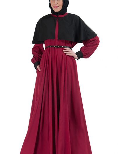 Two-Tone Belted Cape Abaya Maroon