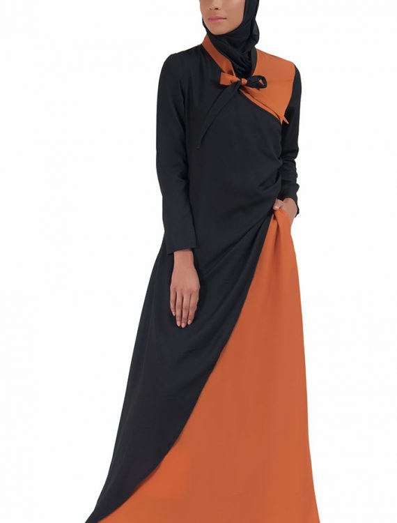 Color Block Bow-Tie Wrap Around Abaya Dress