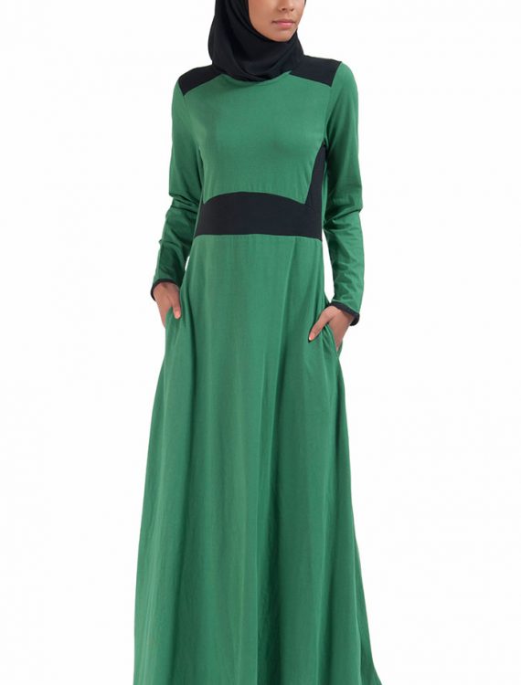 Basic Slip On Color Block Abaya Dress Green