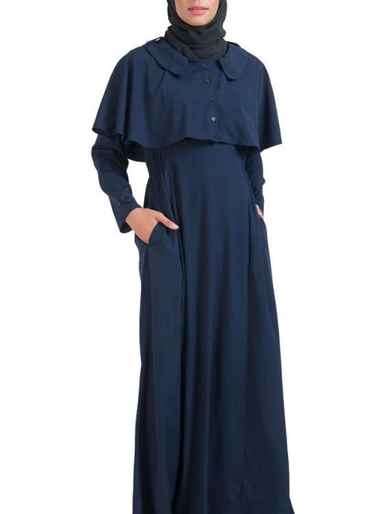 Navy Open Front Button Cape Abayas Navy