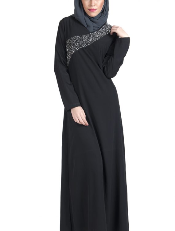 Double Layer Sequin Hand Embroidered Crepe Abaya Dress