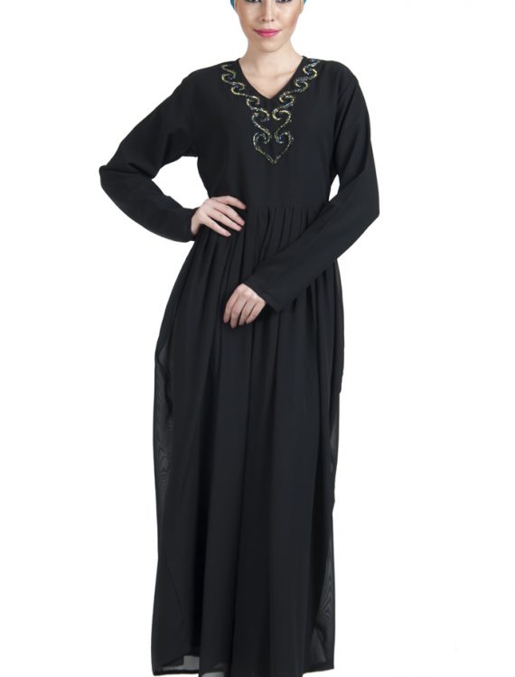 Double Layered Georgette Sequin Hand Embroidered Evening Abaya Dress