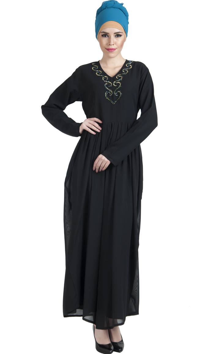Double Layered Georgette Sequin Hand Embroidered Evening Abaya Dress ...