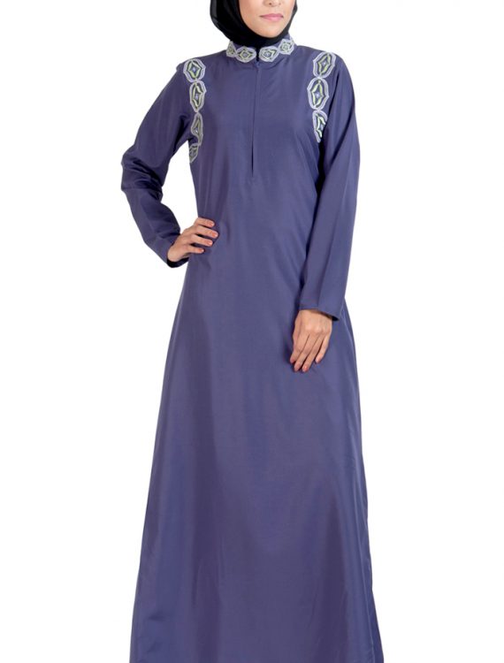 Embroidered High Neck Abaya Dress Violet