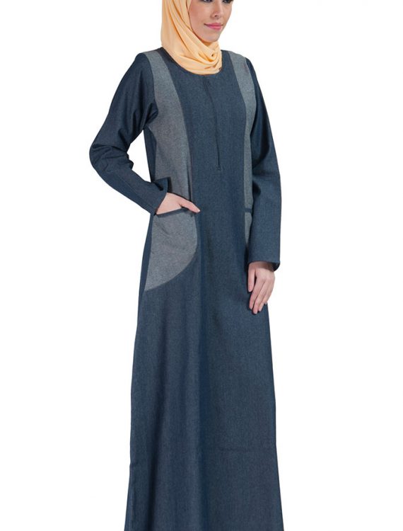 Denim Zipper Front Abaya Dress Blue