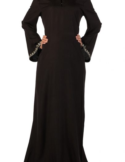 Black Rayon Abaya With Hidden Loops On Chest