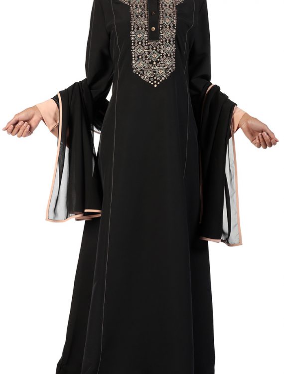 Fancy Peach And Gold Sequin Abaya Black