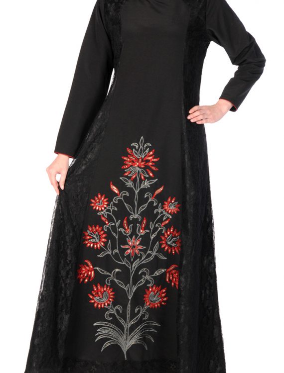 Midnight Floral And Lace Abaya
