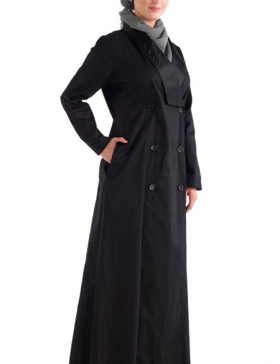 Black Front Open Jilbab With A Trench Coat Collar
