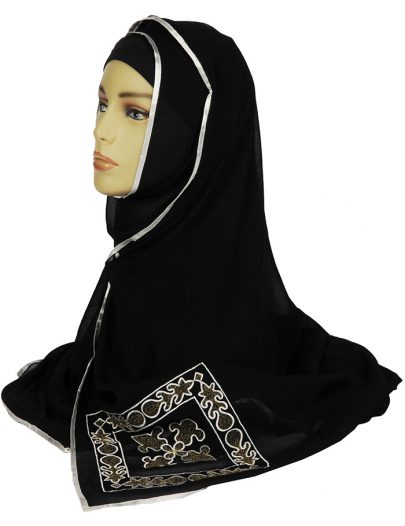 Black Chiffon Hijab With Gold Hand Embroidery
