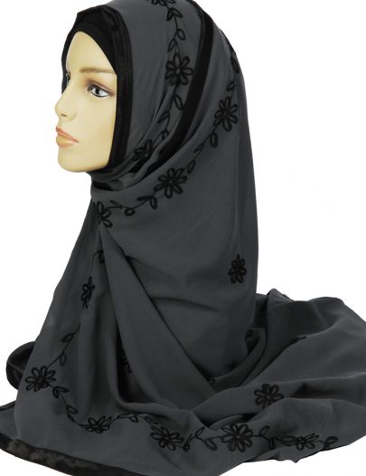 Grey Hand Embroidered Hijab