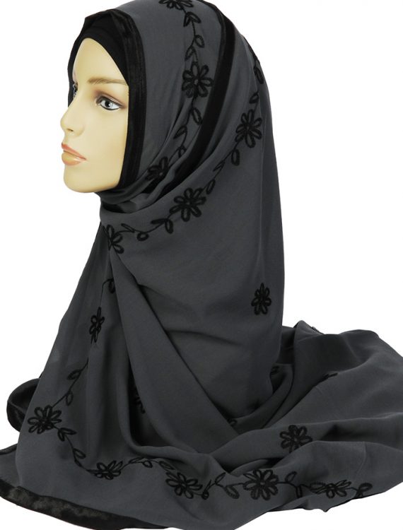 Grey Hand Embroidered Hijab