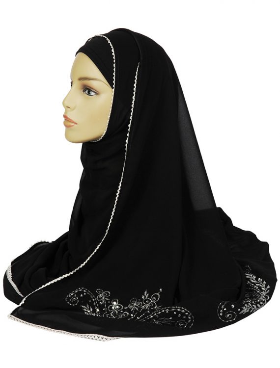 Black Hijab With Silver Sequins Work