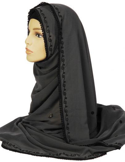 Grey Georgette Hijab With Black Stitching