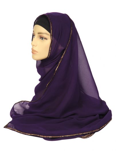 Purple Georgette Hijab With A Gold Lace Trim