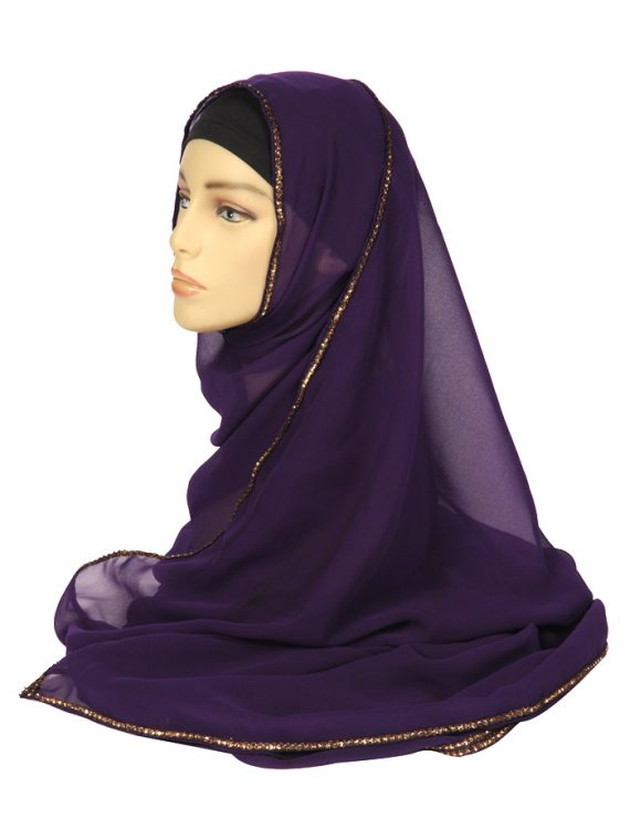 Purple Georgette Hijab With A Gold Lace Trim