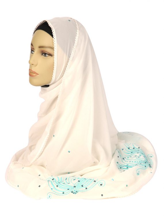 White Georgette Hijab With Baby Blue Stitching