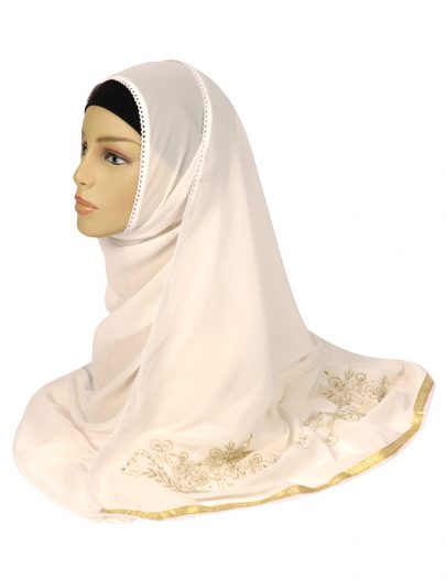White Georgette Hijab With Gold Embroidery