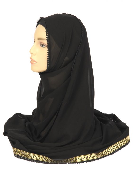 Black Georgette Hijab Wth Gold Embroidery