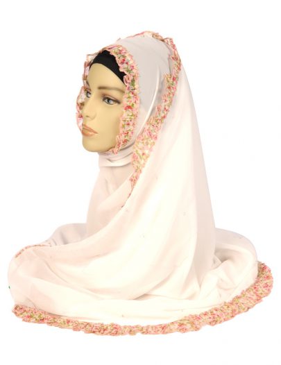 White Georgette Hijab With A Ruffled Floral Trim