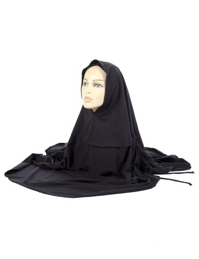 Two Piece Black Cotton Hijab With Drawstring For Adjusting Black