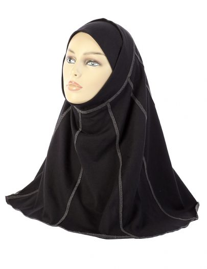 Two Piece Cotton Hijab With Grey Stitching Black