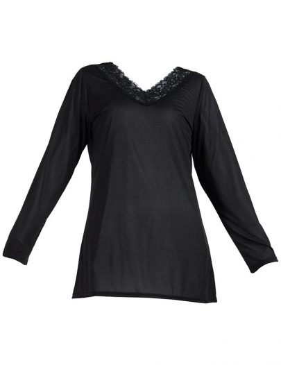 Long Sleeve Lace Polyester Under Dress Slip Top Regular Length Black