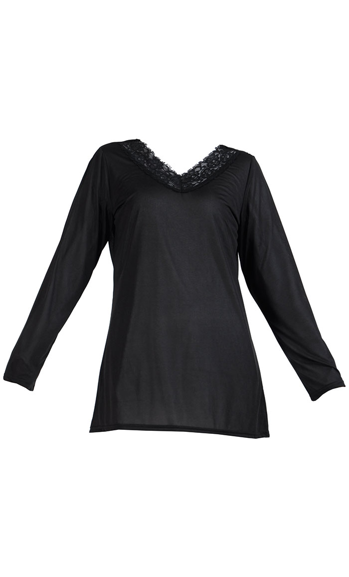 Long Sleeve Lace Polyester Under Dress Slip Top Regular Length Black ...