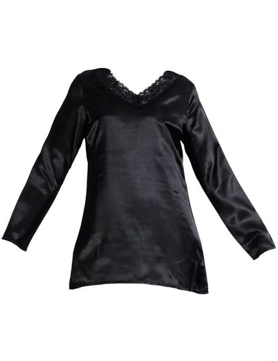 Lace Long Sleeve Satin Under Dress Slip Top Regular Length Black